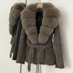 OFTBUY New Women's Suede Jacket with Real Fox Fur Collar Real Rabbit Fur Lining Coat Female Belted Warm Winter Luxury Outerwear