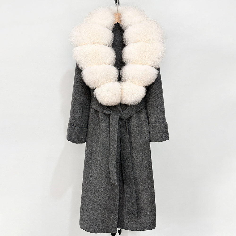 OFTBUY Long Belt 100% Wool Coat with Real Fox Fur Collar Warm Natural Fur Woolen Jacket Female New Autumn Winter Clothing Women