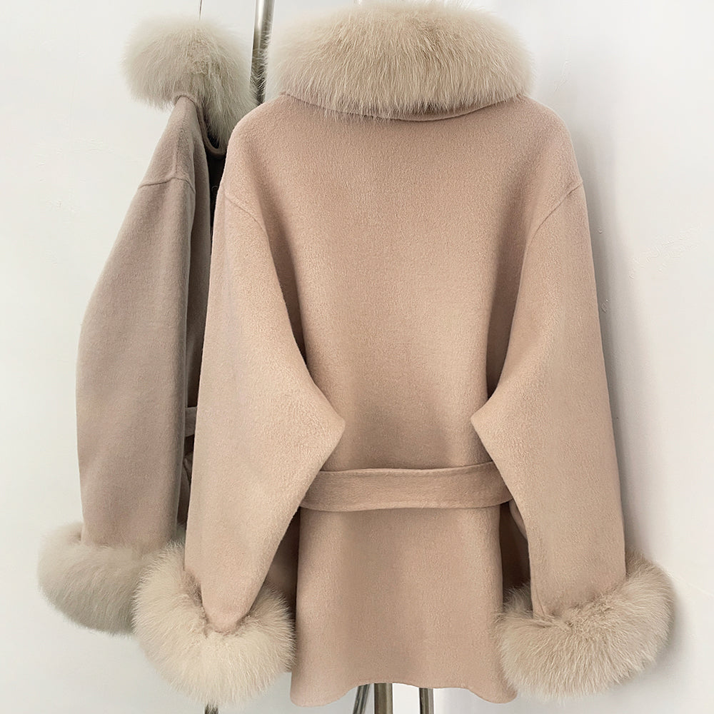 OFTBUY New Women's Wool Coat with Real Fox Fur Collar Cuffs Belted Bow Pockets Warm Winter Elegant Fashion Outerwear Female