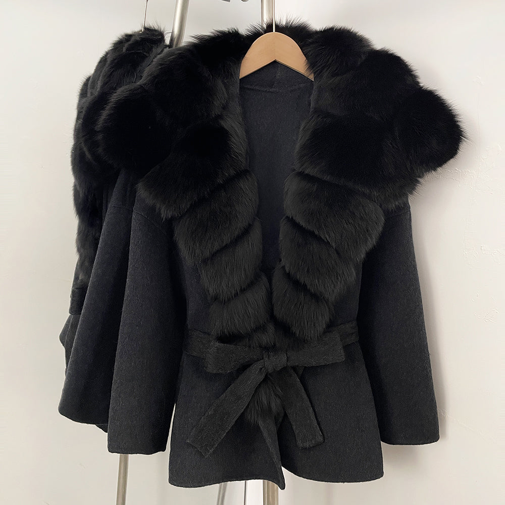 OFTBUY Belt Real Fox Fur Wool Coat Female New Autumn Winter Warm Clothes Women Natural Fox Fur Collar Cashmere Woolen Jacket