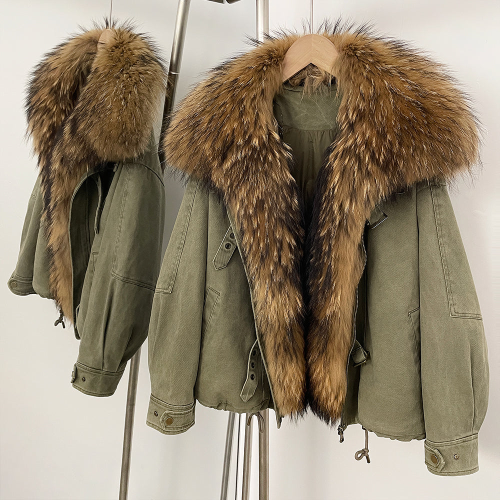 OFTBUY Loose Real Fox Fur Puffer Jacket Lady 100% Cotton Natural Fur Duck Down Coat Female New Winter Thick Warm Clothes Women