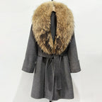 OFTBUY Natural Real Fox Fur Wool Blends Coat Women New Belt Pocket Winter Jacket Female Loose Woolen Outerwear Streetwear