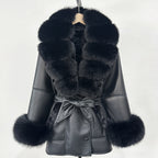 OFTBUY Large Natural Fox Fur Women Faux Leather Jacket Autumn Winter Fashion Ladies Warm Retor Faux Lamb Fur Coat Outwear