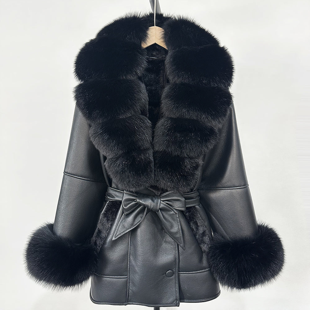 OFTBUY Large Natural Fox Fur Women Faux Leather Jacket Autumn Winter Fashion Ladies Warm Retor Faux Lamb Fur Coat Outwear