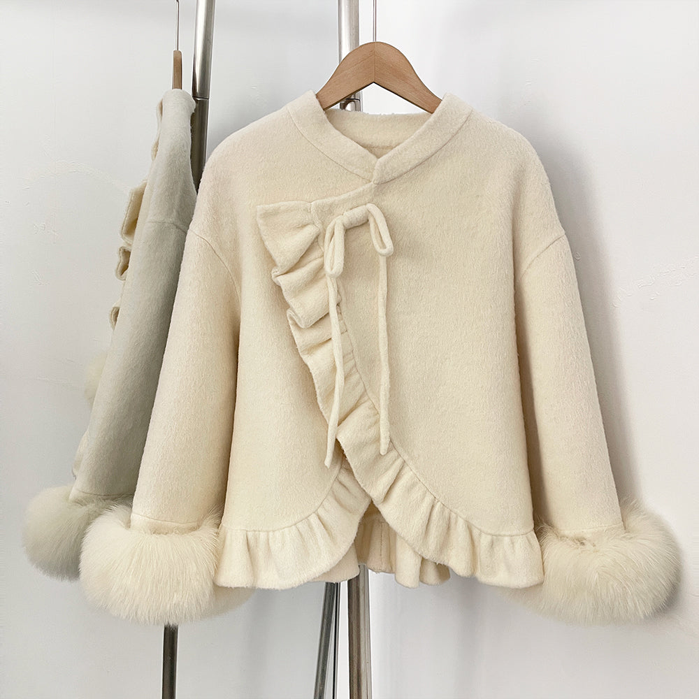 OFTBUY New Women's Wool Jacket with Real Fox Fur Cuffs Winter Elegant Fashion Clothing Outerwear Short Luxury Woolen Coat Female