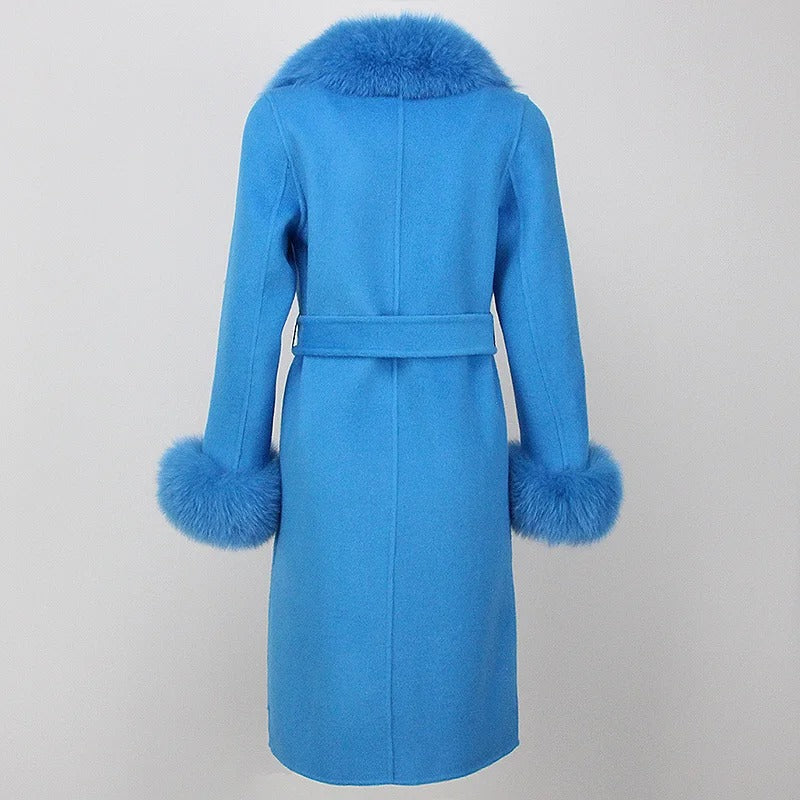 OFTBUY Winter Jacket Women Long Natural Wool Blends Cashmere Real Fur Coat Double Breasted Belt Warm Streetwear New Fashion