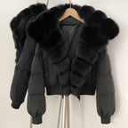 OFTBUY New Winter Real Fox Fur Hooded 90% White Duck Down Jacket Women Short Loose Puffer Coat Female Thicken Parkas