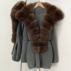 OFTBUY Fashion Belt Warm Sweater Female Natural Fur Loose Cadigan Coat Women Medium Length Knit Jacket with Real Fox Fur Collar