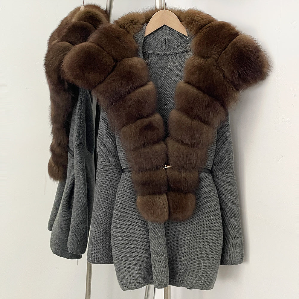 OFTBUY Fashion Belt Warm Sweater Female Natural Fur Loose Cadigan Coat Women Medium Length Knit Jacket with Real Fox Fur Collar