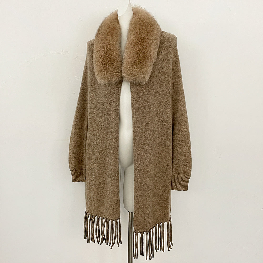 OFTBUY New Women's 100% Wool Knit Cape Coat with Real Fox Fur Collar Tassel Trim Warm Winter Elegant Outerwear Sweater Female