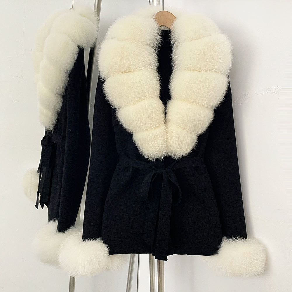 OFTBUY Belt Knit Warm Winter Luxury Casual Fashion Outerwear Sweater Female New Women's Knit Coat with Large Real Fox Fur Collar