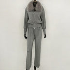 OFTBUY Winter New Women's Knitted Tracksuit Set with Fox Fur Collar Zipper Jacket Wide Leg Pants Luxury Casual Two-Piece Outfit