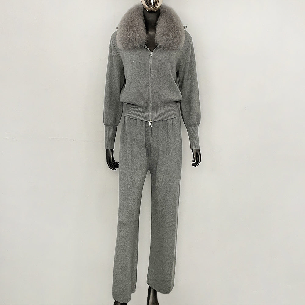 OFTBUY Winter New Women's Knitted Tracksuit Set with Fox Fur Collar Zipper Jacket Wide Leg Pants Luxury Casual Two-Piece Outfit