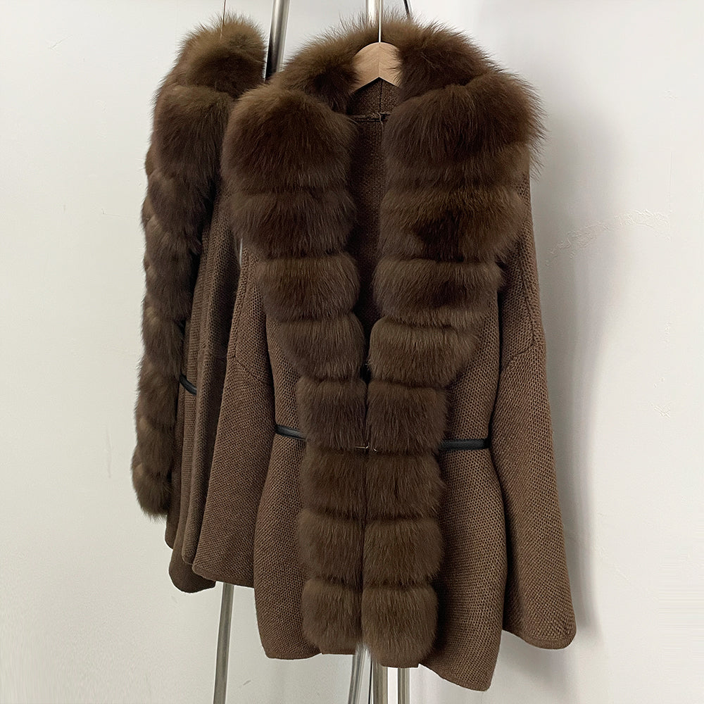 OFTBUY Metal Belt Knit Warm Winter Luxury Fashion Outerwear Sweater Cardigan New Women's Knit Coat with Full Real Fox Fur Front