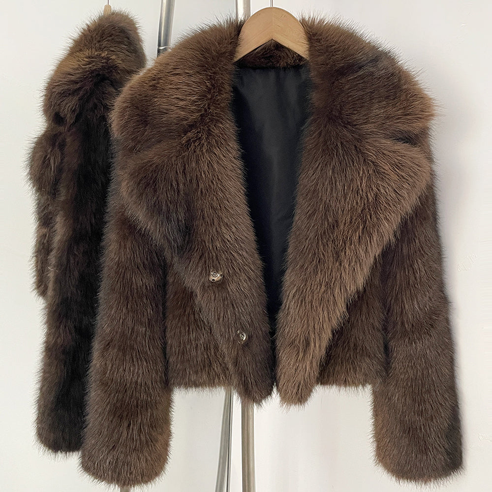 OFTBUY Luxury Oversized Lapel Faux Fur Jacket - Premium Vegan Fur Short Coat for Winter Glamour