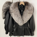 OFTBUY Women's Luxury Real Fox/Raccoon Fur Faux Leather Jacket Elastic Waist New Winter Coat Elegant PU Leather Outerwear Female