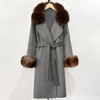 OFTBUY Belted Long Warm Winter Elegant Fashion Outerwear New Women's Double-Faced Wool Coat with Real Fox Fur Collar and Cuffs