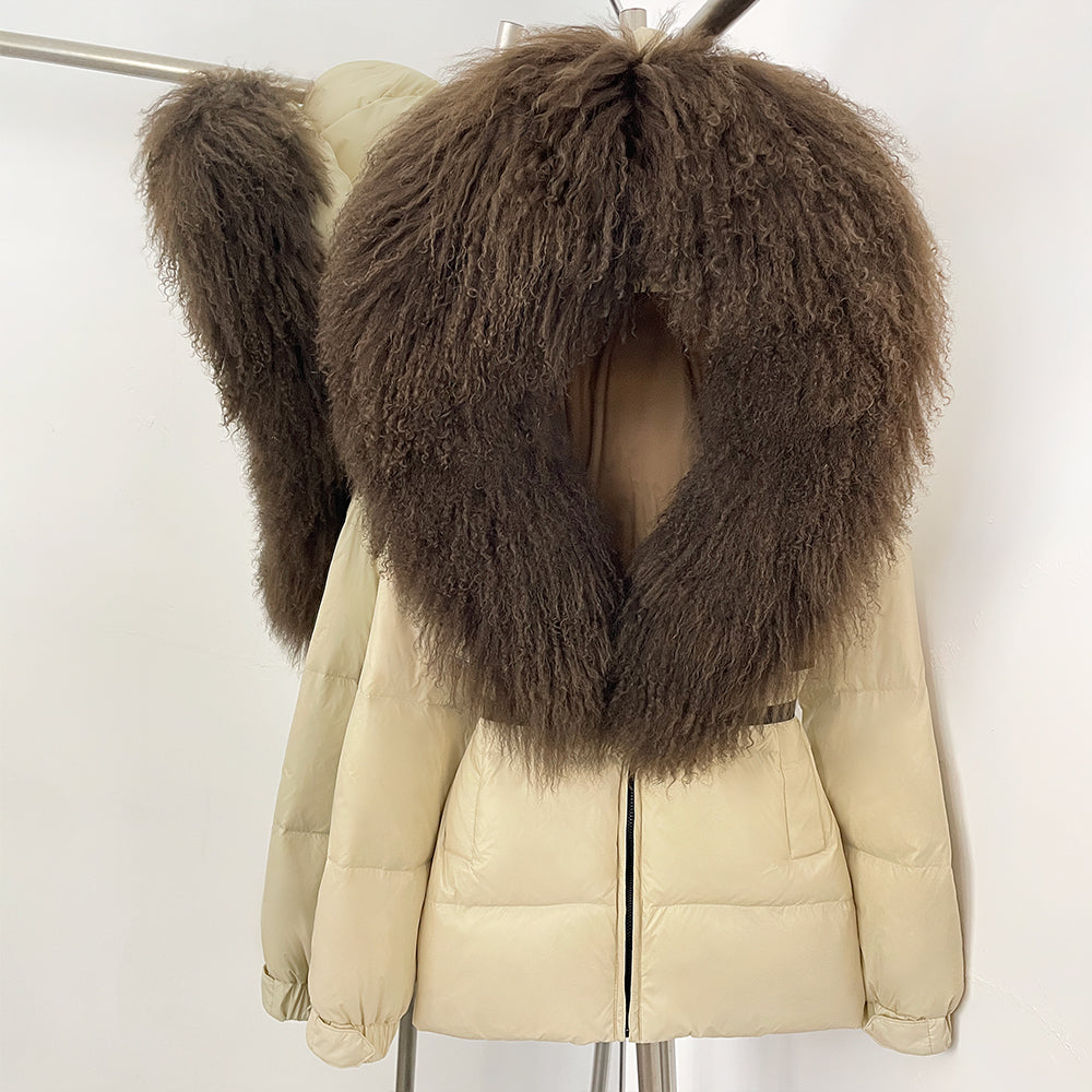 OFTBUY New Belted Luxury Warm Winter Women's Puffer Jacket with Real Mongolia Sheep Fur Collar Outerwear Duck Dowm Coat Female