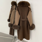 OFTBUT New Winter Clothing Women Natural Fox Fur Cashmere double-faced Woolen Jacket Long Single-breasted Belt Wool Coat Female