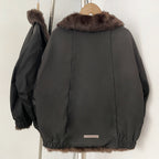 OFTBUY Reversible Real Rabbit Fur Lined Short Bomber Jacket - Oversized Wide Genuine Fox Fur Collar Windproof Outer Shell Winter Coat