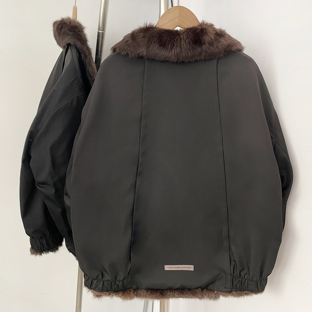 OFTBUY Reversible Real Rabbit Fur Lined Short Bomber Jacket - Oversized Wide Genuine Fox Fur Collar Windproof Outer Shell Winter Coat