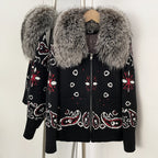 OFTBUY Women's Vintage Real Fox Fur Collar Knit Cardigan Paisley Print Zip Up Sweater Jacket Female Warm Winter Luxury Outerwear