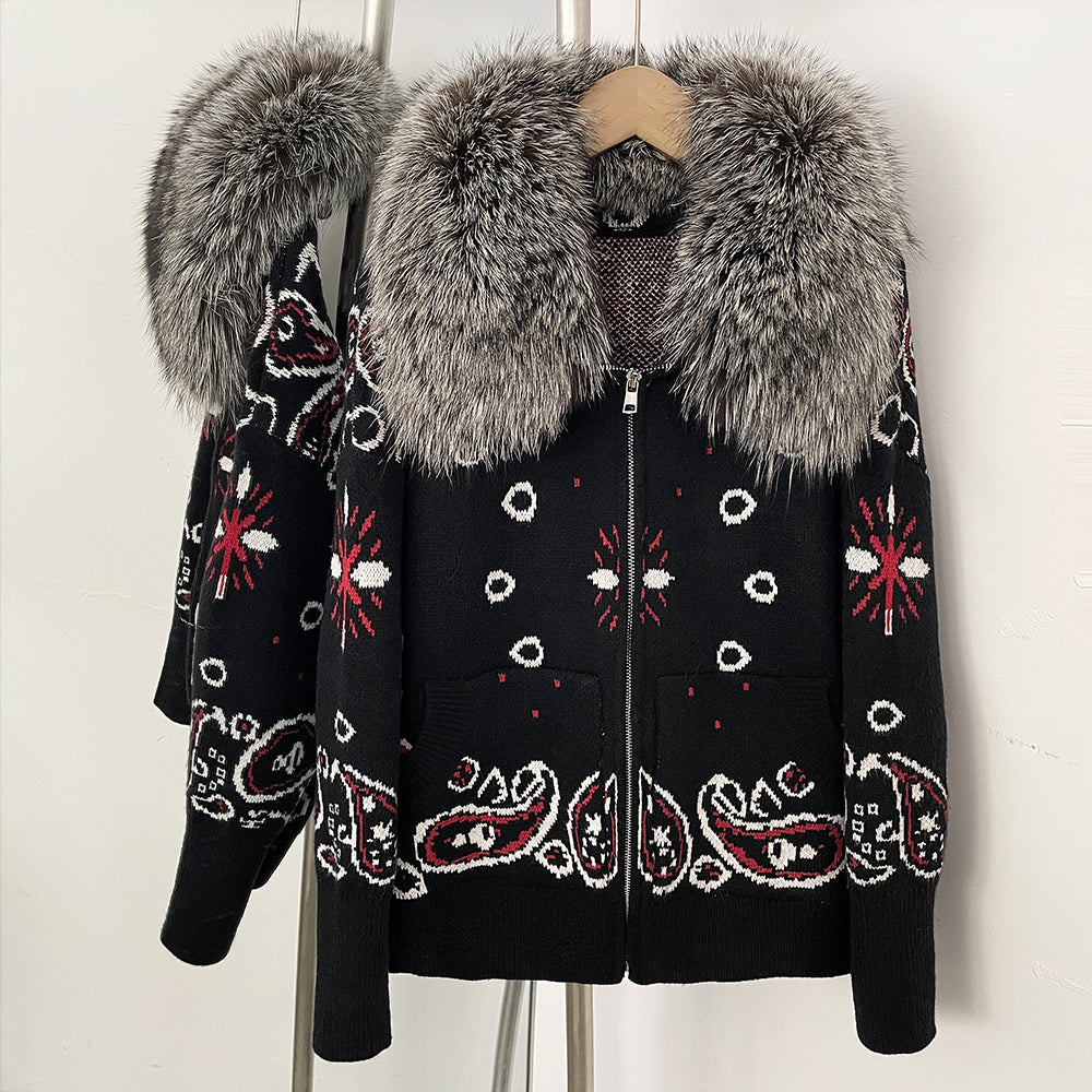 OFTBUY Women's Vintage Real Fox Fur Collar Knit Cardigan Paisley Print Zip Up Sweater Jacket Female Warm Winter Luxury Outerwear