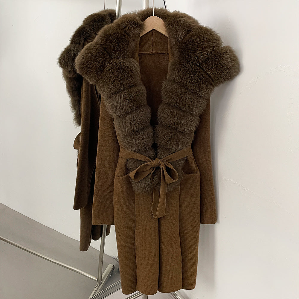 OFTBUY New Natural Fur Collar Long Knit Jacket Women Atrumn Winter Top Clothing Female Fashion Warm Belt Real Fox Fur Cardigan