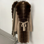 OFTBUY New Women's Knit Long Coat with Full Real Fox Fur  Belted Pockets Warm Winter Elegant Fashion Outerwear Cardigan Sweater