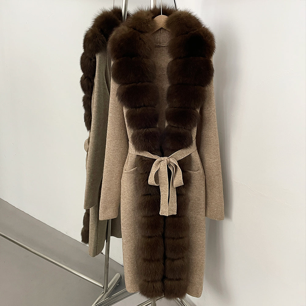 OFTBUY New Women's Knit Long Coat with Full Real Fox Fur  Belted Pockets Warm Winter Elegant Fashion Outerwear Cardigan Sweater