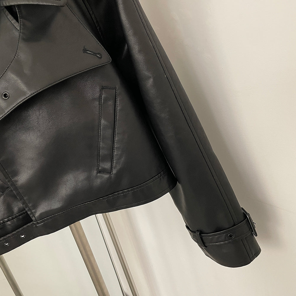 OFTBUY Fashion Outerwear Fake Leather Coat Female New Women's Cropped Faux Leather Jacket Lapel Collar Belted Loose Streetwear