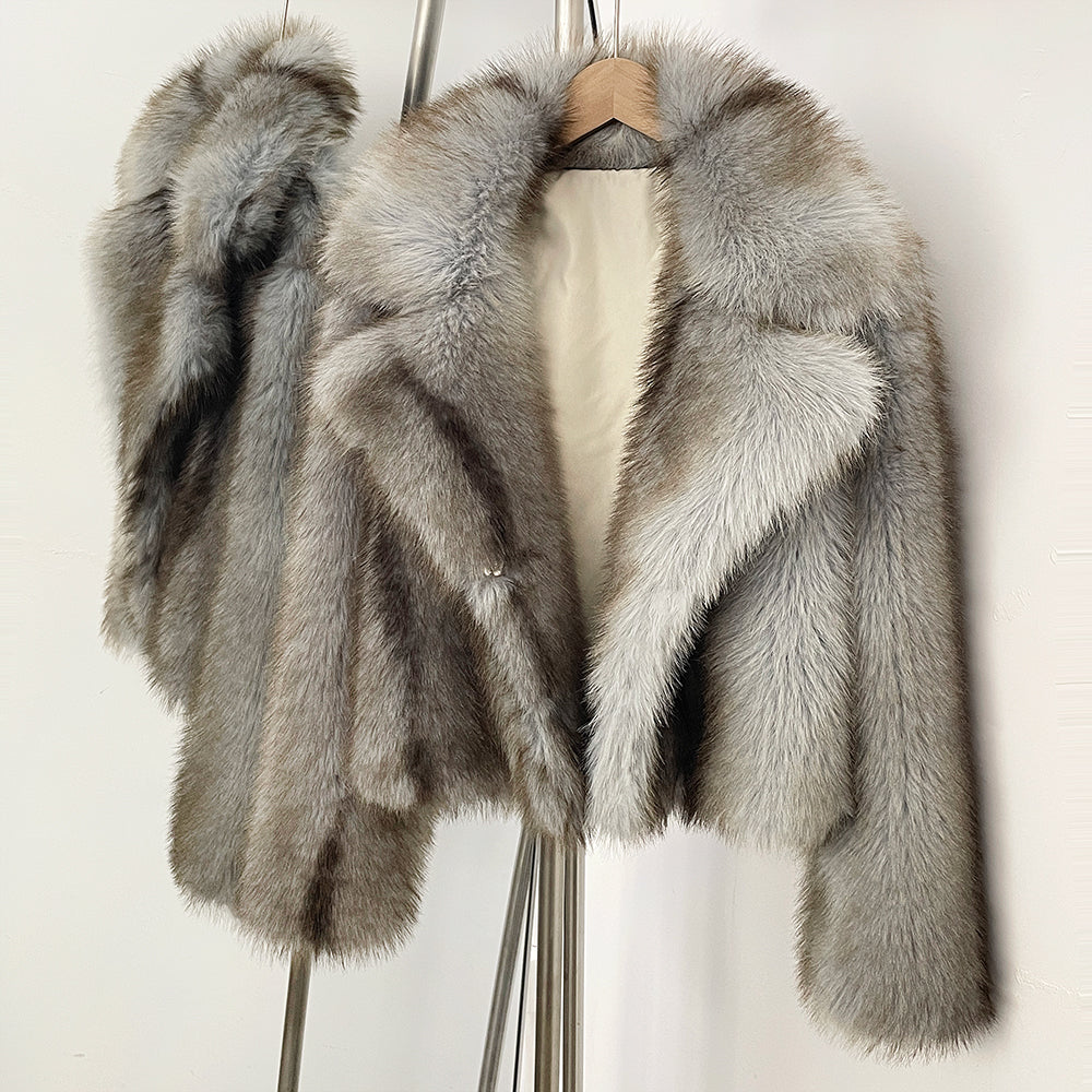 OFTBUY Luxury Oversized Lapel Faux Fur Jacket - Premium Vegan Fur Short Coat for Winter Glamour