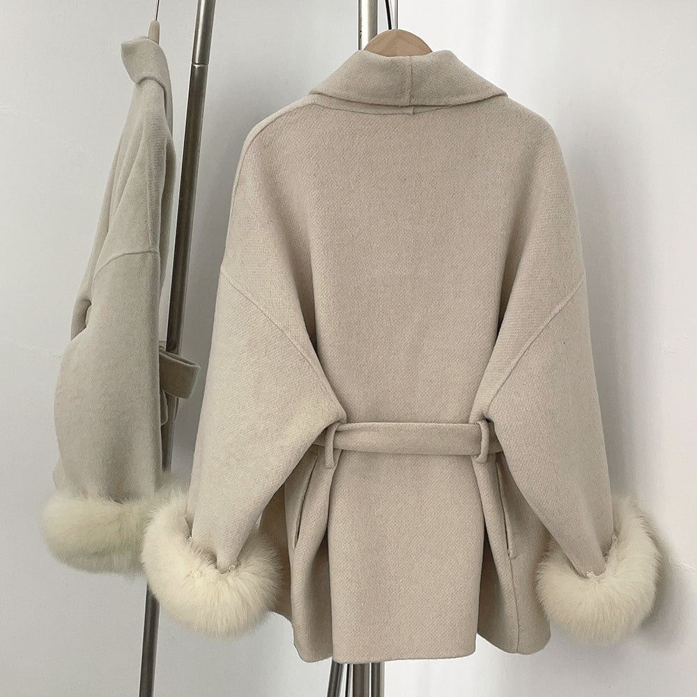 OFTBUY High End Double-sided Wool Strapping Real Wool Fur Coat Women's Removable Cuffs Fox Fur Temperament Cashmere Short Jacket