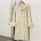 OFTBUY New Women's Double-Faced Wool Coat with Real Fox Fur Design Belted Bow Warm Winter Elegant Fashion Outerwear Woolen Coat