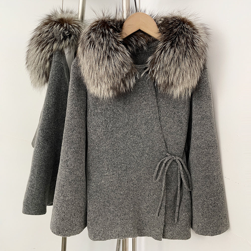 OFTBUY Women's Real Fox Raccoon Fur Collar Knit Wrap Coat Drawstring Waist Autumn Winter Cardigan Jacket Female Luxury Outerwear