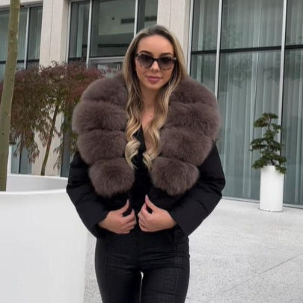 OFTBUY Luxury Cropped Puffer Jacket with Massive Real Fox Fur Collar - Premium 90% Duck Down Winter Coat