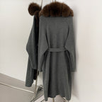 OFTBUY New Women's Knit Long Coat with Full Real Fox Fur  Belted Pockets Warm Winter Elegant Fashion Outerwear Cardigan Sweater