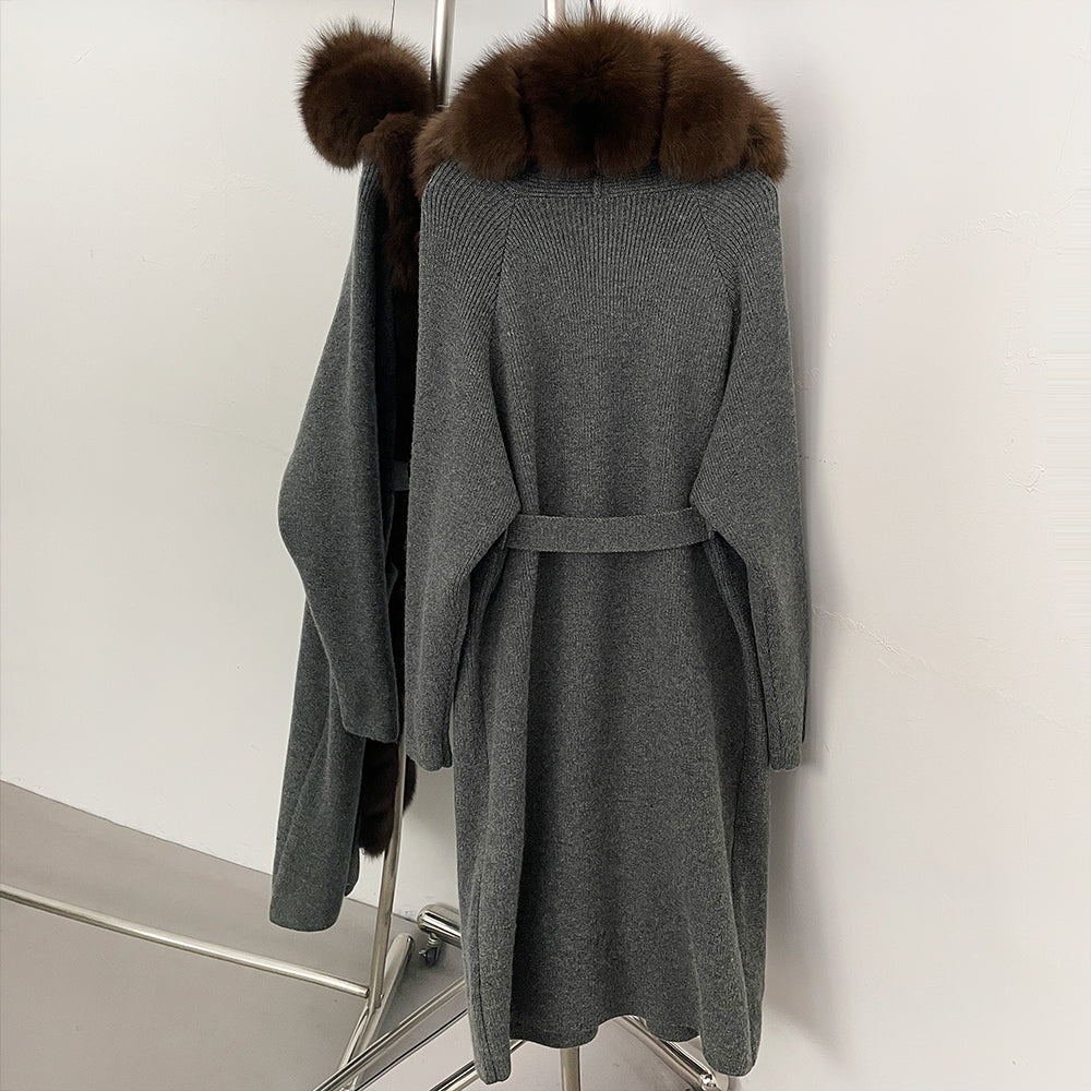OFTBUY New Women's Knit Long Coat with Full Real Fox Fur  Belted Pockets Warm Winter Elegant Fashion Outerwear Cardigan Sweater