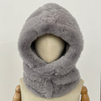 OFTBUY New Winter Cute Windproof Real Fur Cycling Cap with Muffler Female Thick Warm Natural Rabbit Fur Bomber Hat Scarf Women