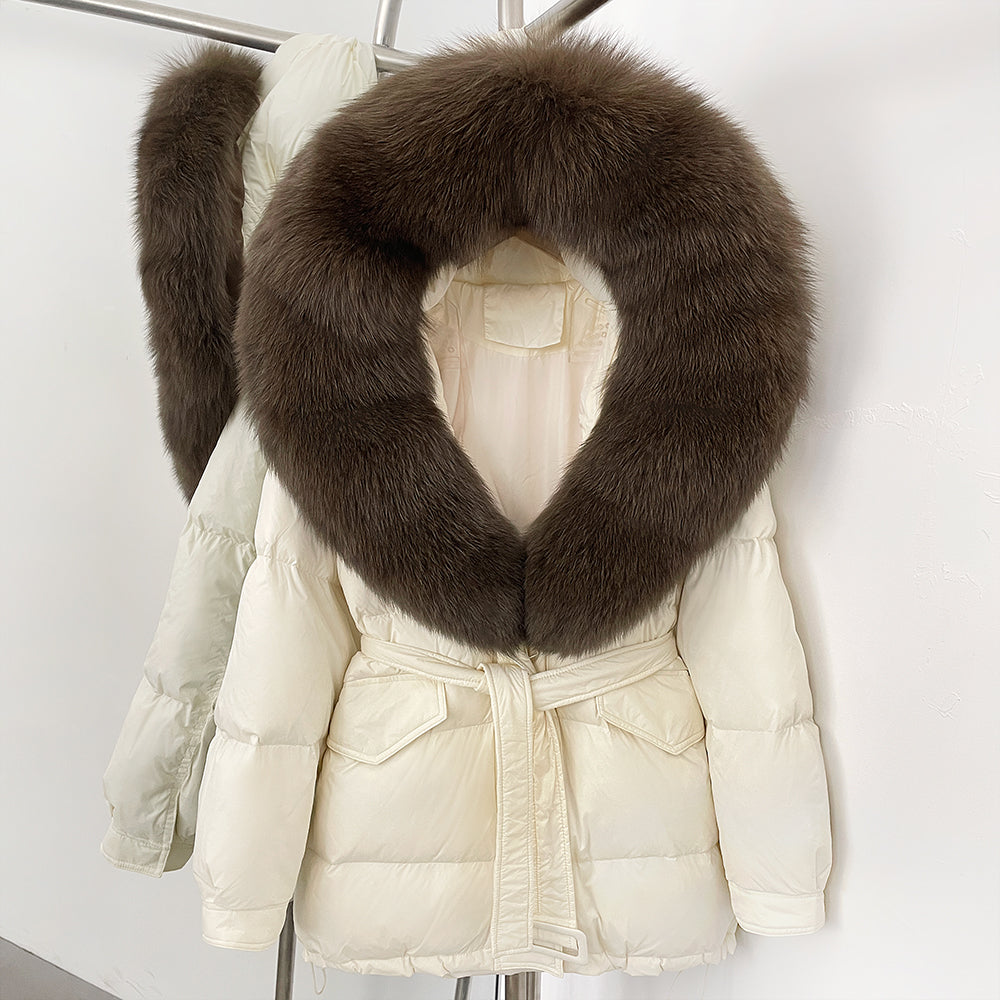 OFTBUY Thick Warm Mid-Long Puffer Coat Real Fox Fur Collar White Duck Down Coat Female Loose Warm Hooded Parkas With Belt