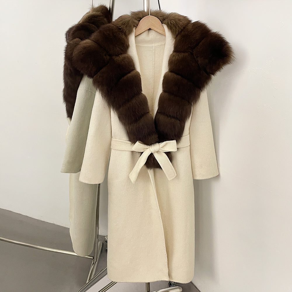 OFTBUY Long Belt Real Fur Wool Coat Female New Autumn Winter Warm Clothes Women Natural Fox Fur Collar Cashmere Woolen Jacket
