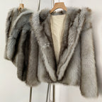 OFTBUY Luxury Hooded Faux Fur Jacket - Premium Vegan Silver Fox Style Cropped Winter Coat