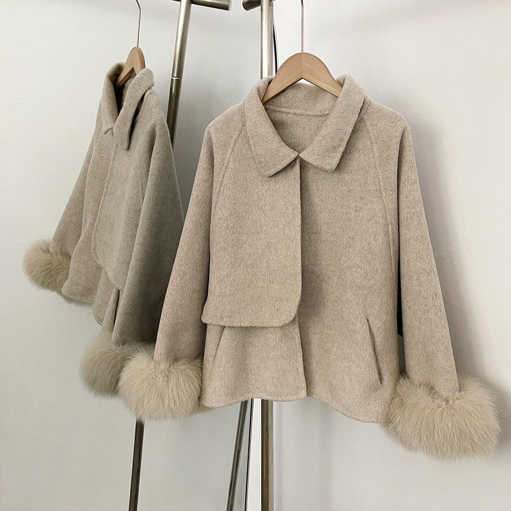 OFTBUY New Women's Double-Faced Wool Coat with Real Fox Fur Cuffs Lapel Collar Coat Design Warm Winter Elegant Fashion Outerwear
