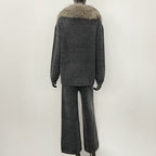 OFTBUY New Women's Knit Two Piece Set with Real Fox Fur Collar Loose Pants Warm Winter Elegant Casual Outfit Sweater Female