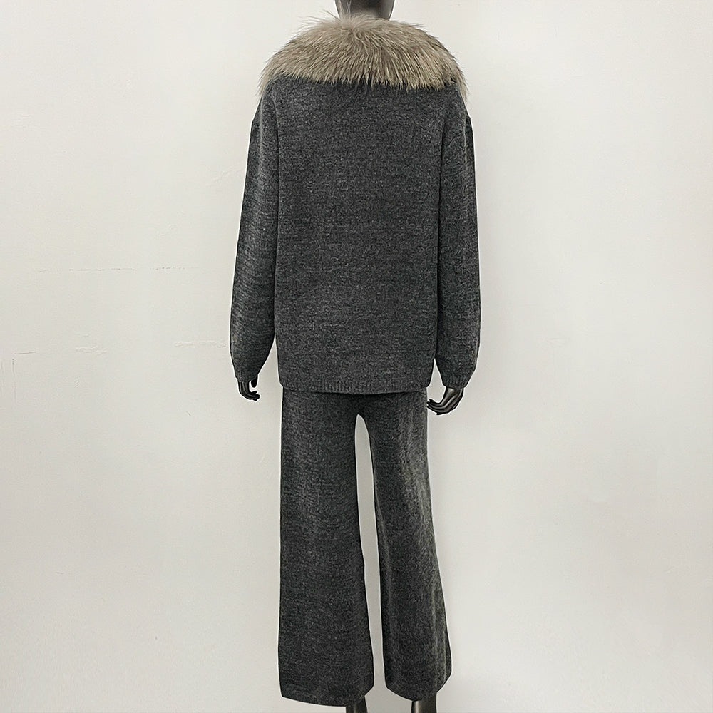 OFTBUY New Women's Knit Two Piece Set with Real Fox Fur Collar Loose Pants Warm Winter Elegant Casual Outfit Sweater Female