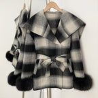 OFTBUY New Women's Double Face Wool Coat Plaid Pattern Real Fox Fur Cuffs Wide Collar Belted Waist Warm Winter Elegant Outerwear