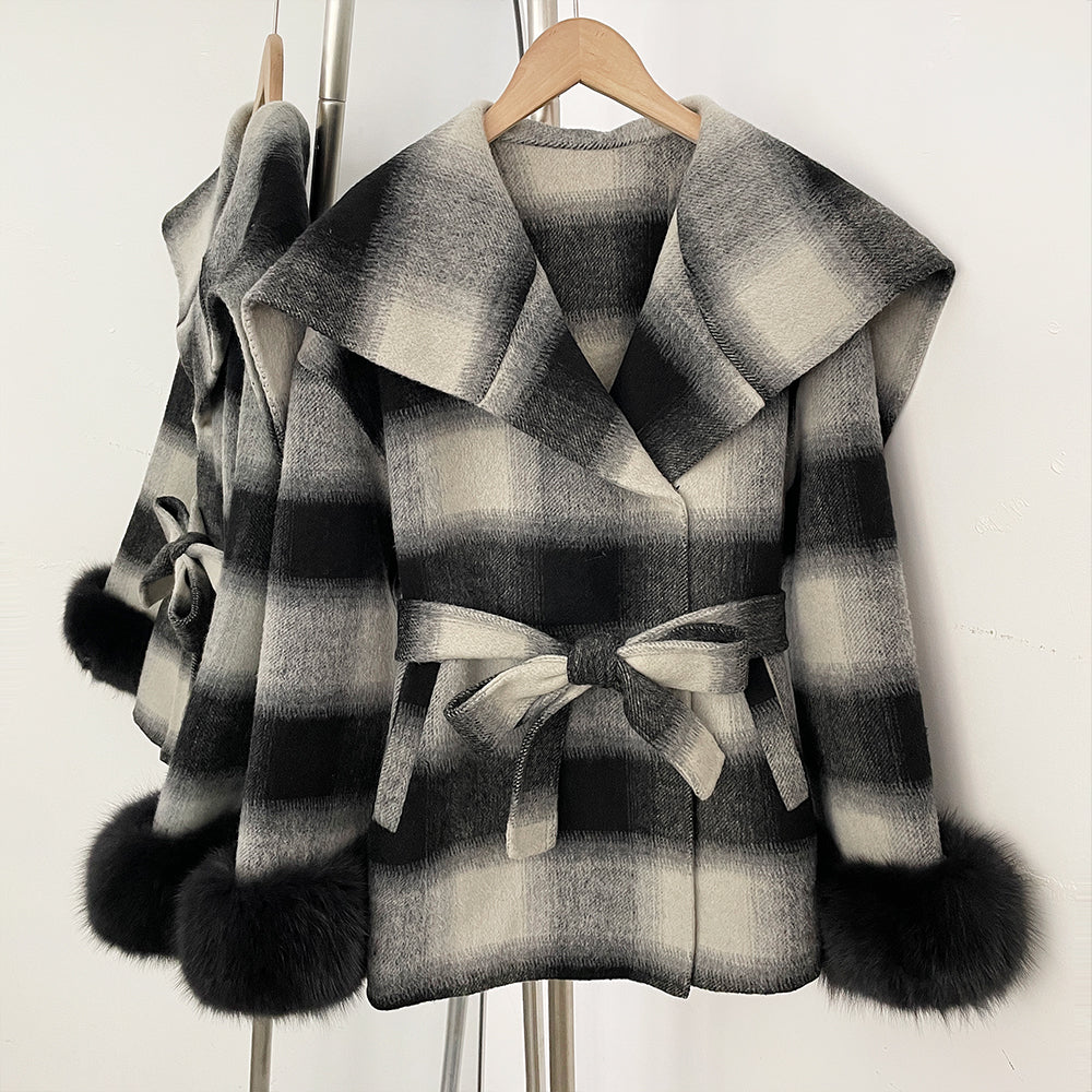 OFTBUY New Women's Double Face Wool Coat Plaid Pattern Real Fox Fur Cuffs Wide Collar Belted Waist Warm Winter Elegant Outerwear