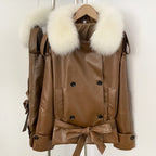 OFTBUY Women's Real Fox Raccoon Fur Collar Faux Leather Trench Coat Double Breasted PU Jacket with Belt Luxury Winter Outerwear