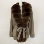OFTBUY Trim Belted Waist Warm Winter Luxury Fashion Outerwear Sweater Female New Women's Knit Cardigan with Large Real Fox Fur
