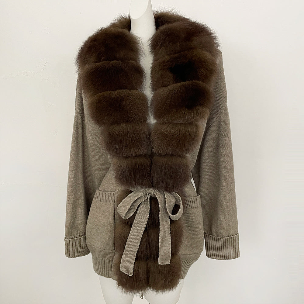 OFTBUY Trim Belted Waist Warm Winter Luxury Fashion Outerwear Sweater Female New Women's Knit Cardigan with Large Real Fox Fur